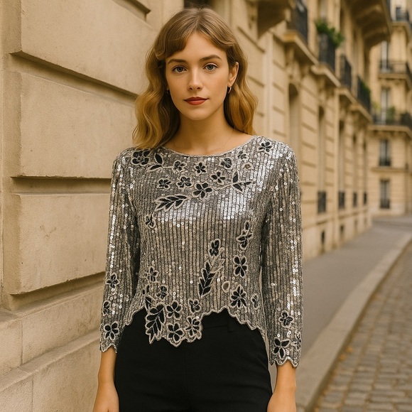 100% SILK vintage GUNIT silver sequin long sleeve top embroidered floral party - Picture 1 of 6